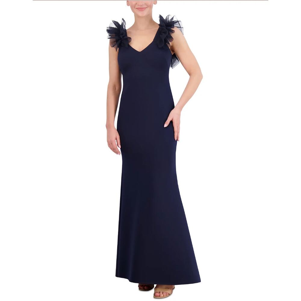Eliza J Ruffle-Shoulder Scuba Gown Evening Dress, Plus 18W, Navy Blue New $188 - Picture 7 of 8